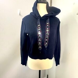 Zara Knit Cropped Hoodie Size M Navy Blue Jeweled Drawstrings Long Sleeve